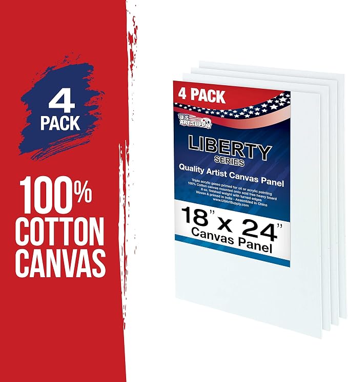 U.S. Art Supply 18 X 24 Inch Art Canvas Board Panels 4 Pack - 8 Ounce | Heavyweight Cotton Acid Free Canvases for Painting Acrylics and Watercolor (1 Case of 4 Single Canvas Painting Panels)