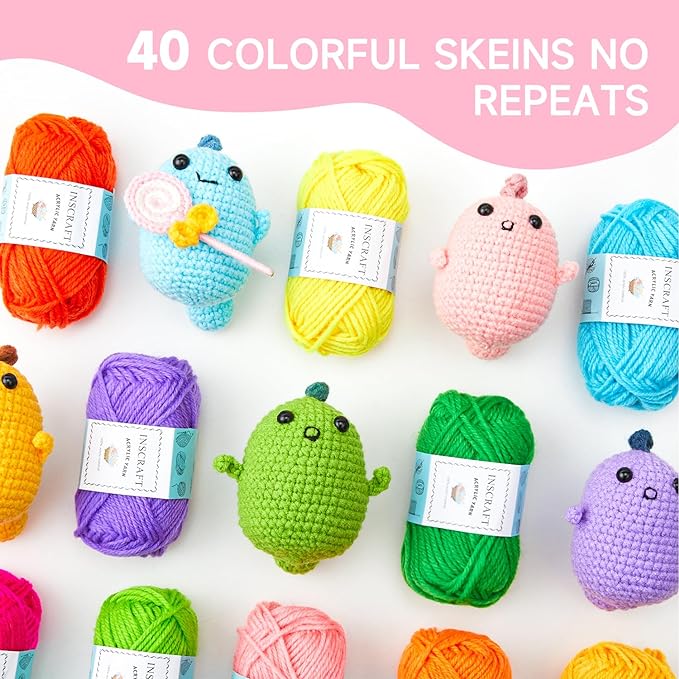 INSCRAFT 48 PCS Crochet Yarn Kit, 1400 Yards 40 Colors Acrylic Yarn Skeins, 2 Crochet Hooks, 2 Weaving Needles, 4 Stitch Markers, 1 Bag, for Crocheting & Knitting, Gift for Beginners and Adults