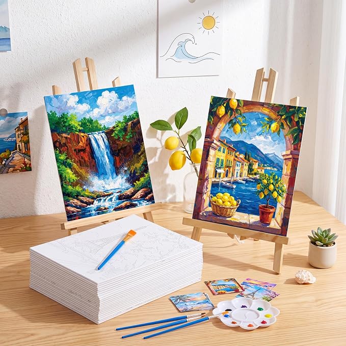Sherr 24 Pcs Pre Drawn Canvas for Adult, Beach,Scenery, 8 x 10 Inch