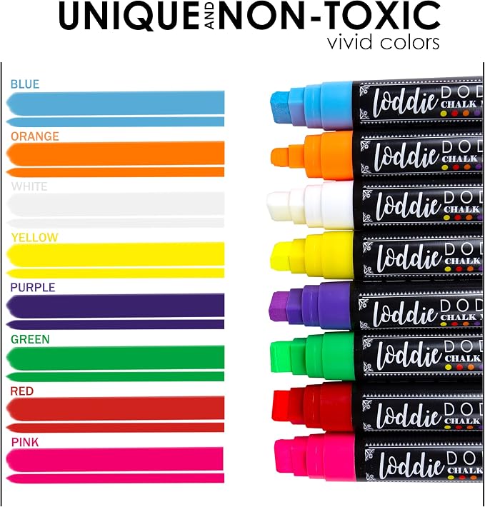 Loddie Doddie Chalk Markers for Blackboard, Wipes with Water, 15 mm, 8 Pack | Wipes Away with Water, For Glass & Non-Porous Surfaces, Smudge Proof, Jumbo Chisel Tip, Multicolor Set
