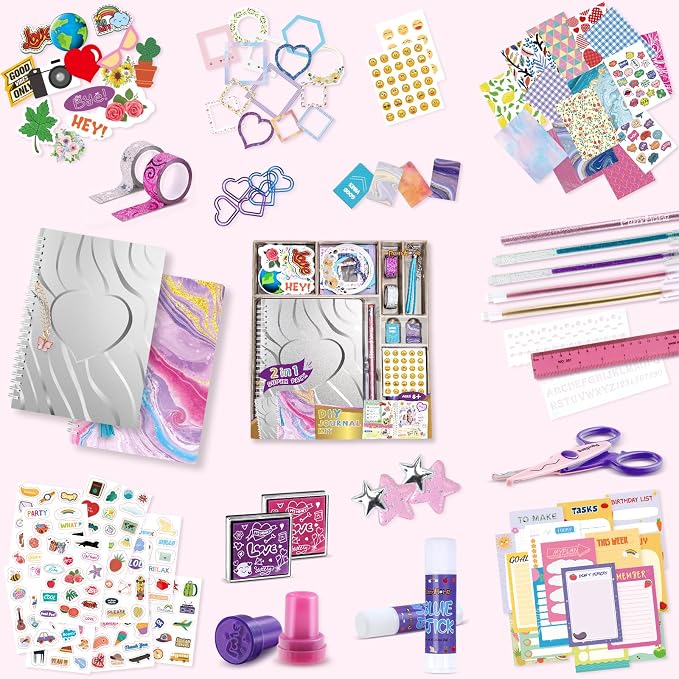 PERRYHOME 2-Pack DIY Journal Kit for Girls - 200+Pcs Journal Set for Tween & Teen Girls, Journaling Art & Crafts Kits, Birthday Gifts for 8 9 10 11 12 13 14 Year Old Girl