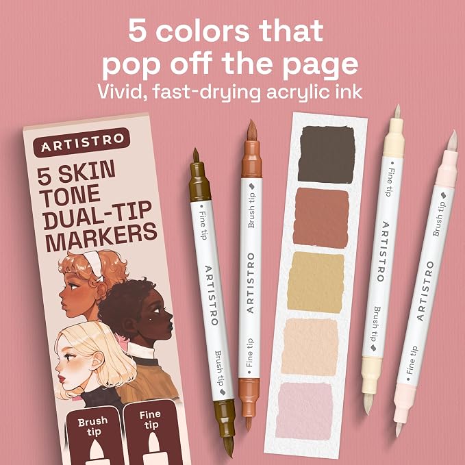 ARTISTRO 5 Skin Tones Dual-Tip Acrylic Paint Marker Pens for Drawing | For Fabric, Rock, Glass, Wood, & Molds, Arts & Crafts Gift for Adults, Teens, & Kids, Classroom Must Haves & School Supplies