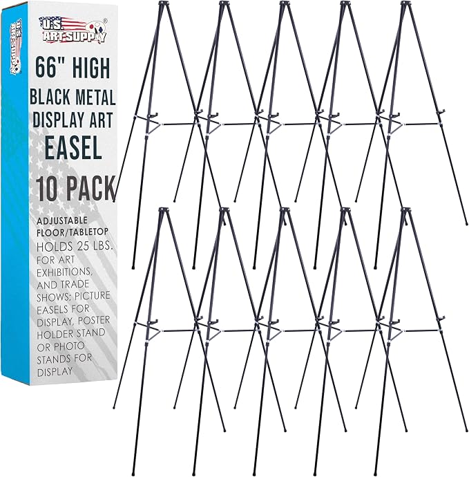 U.S. Art Supply 66" High Black Metal Display Art Easel (10 Pack) - Large | Adjustable Height Portable Easel Stand, Sign Display, Holds 25 lbs - Floor & Tabletop Easels, Sign Stand