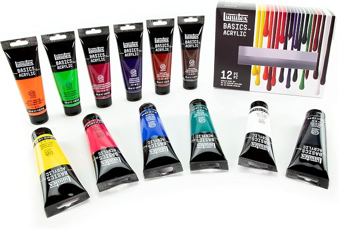 Liquitex BASICS Acrylic Paint Set, 12 x 118ml (4-oz) Tube Paint Set | Medium Viscosity, Satin Finish, Lightfast, Fine Art Pigments, Range of Opacities, Easy Blending
