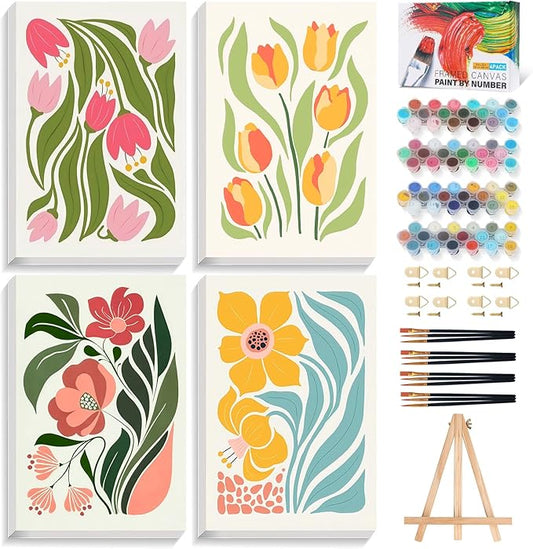 Okarina 4 Pack Paint by Numbers Kit for Adults with Frame, Easy Flower | DIY Acrylic Painting Kit with Wooden Easel, Framed Paint by Number for Beginners, Home Wall Decor & Gift, 8 x 12 Inch