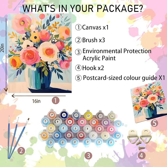 Arttoplus Flower Paint by Numbers Kit for Adults Beginner 16x20 inch | Flowers in a Vase Adult Paint by Number Kits on Canvas, DIY Oil Painting by Numbers for Gift Home Wall Decor (Without Frame)