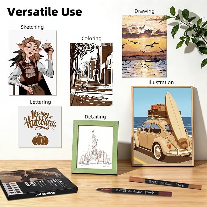 LIULIUCAI 10 Brown Dual Markers, Fine & Brush Tip Pen for Adult Coloring