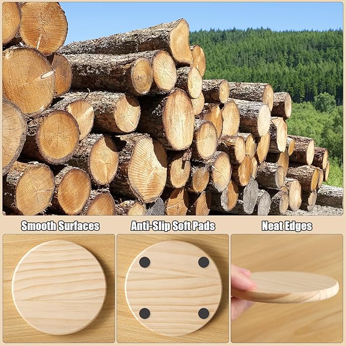 12 Pack 4 Inch Unfinished Round Wood Coasters with Non Slip Pad