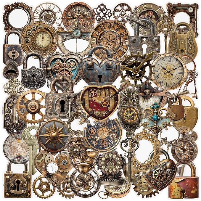50PCS Vintage Steampunk Stickers, Waterproof PET Retro Old Gadgets Decals for Scrapbooking, Skateboard, Laptop, Phone Case, Luggage, Water Bottle - Aesthetic Decor for Teens, Adults, Boys, Girls