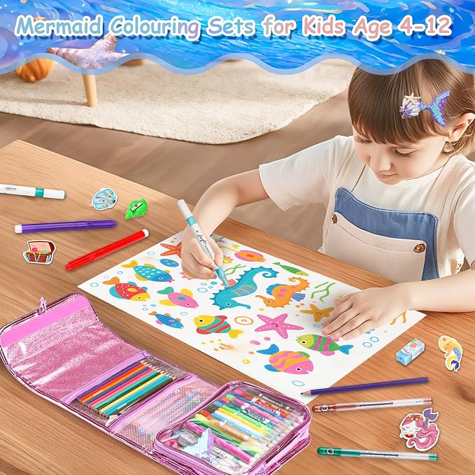 98Pcs Washable Scented Marker Set, Mermaid Pencil Case & Stationery Art and Craft for Kids Coloring Set Birthday Gift Include Markers, Glitter Pens, Crayons Drawing Kits for Girls 4 5 6 7 8 9 10 11 12