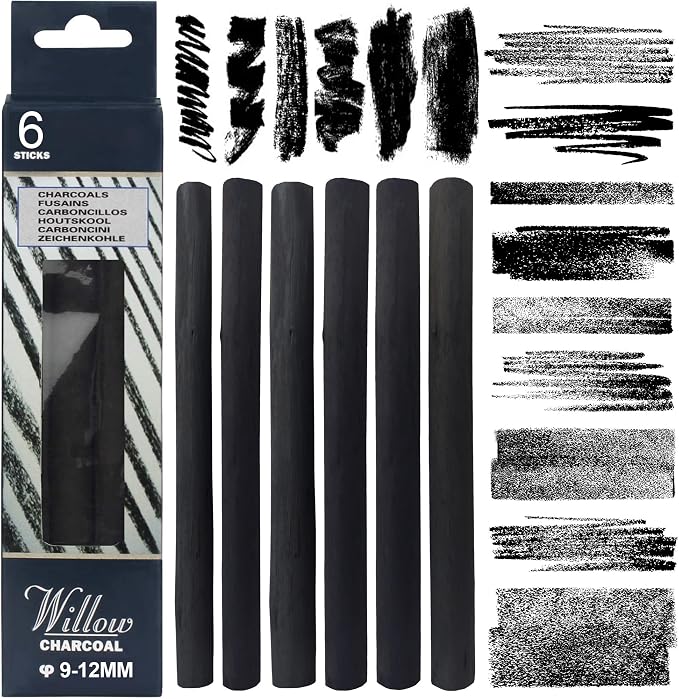 Willow Charcoal Sticks, Jumbo Willow Charcoal Pencils for Artists, Beginners, Students, Natural Charcoal Stick for Sketching, Drawing, and Shading (9-12MM | 6 Sticks)