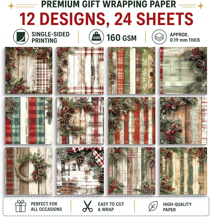 Vintage Christmas Scrapbooking Paper Pad, 24 Sheets 6-in Pinecone Aesthetic Patterned Decorative Material for DIY Art Crafts Collage Xmas Journals Decoupage Folded Gift Cards Photo Album