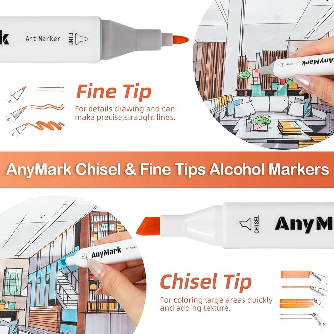 AnyMark 60 Colors Alcohol Markers Chisel & Fine Dual Tip | Coloring Markers Set for Adult Book Drawing Sketching Painting, Illustration, White Penholder