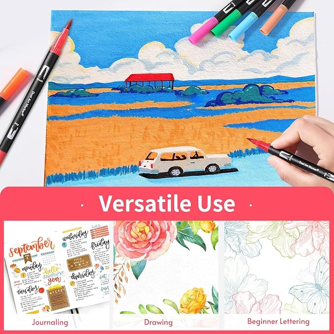 120 Colors Dual Tip Watercolor Markers Pens for School Supplies-Brush&Fine | Coloring Markers No Bleeding for Adult Coloring Books Calligraphy Card Making Sketching Journaling Note Taking Planner Travel