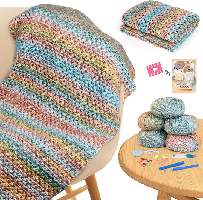 Aeelike Crochet Blanket Kit for Beginner Easy Crochet Kit, Classic Gradient