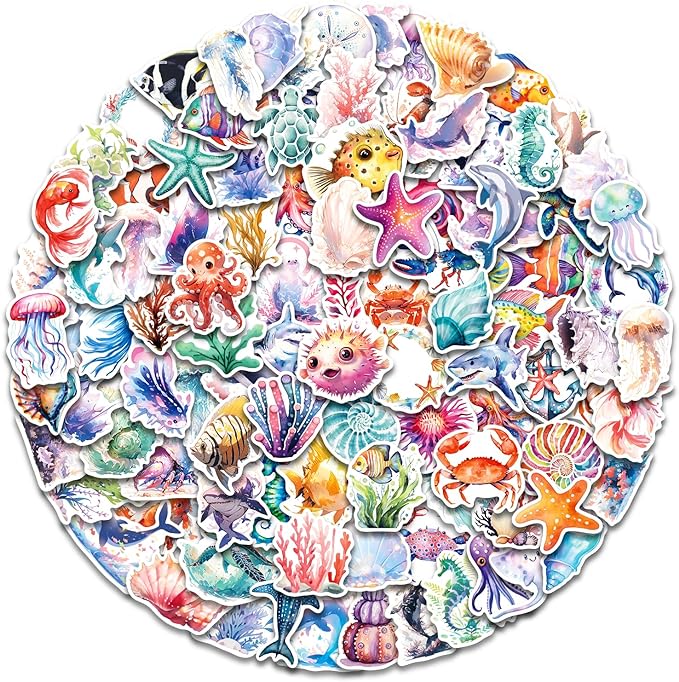 AOWDIAO 100 Pcs Ocean Stickers Cute Sea Creature Vinyl Stickers Gifts for Kids Party Crafts Favors Ocean Animal Stickers for Water Bottles Laptop Decor