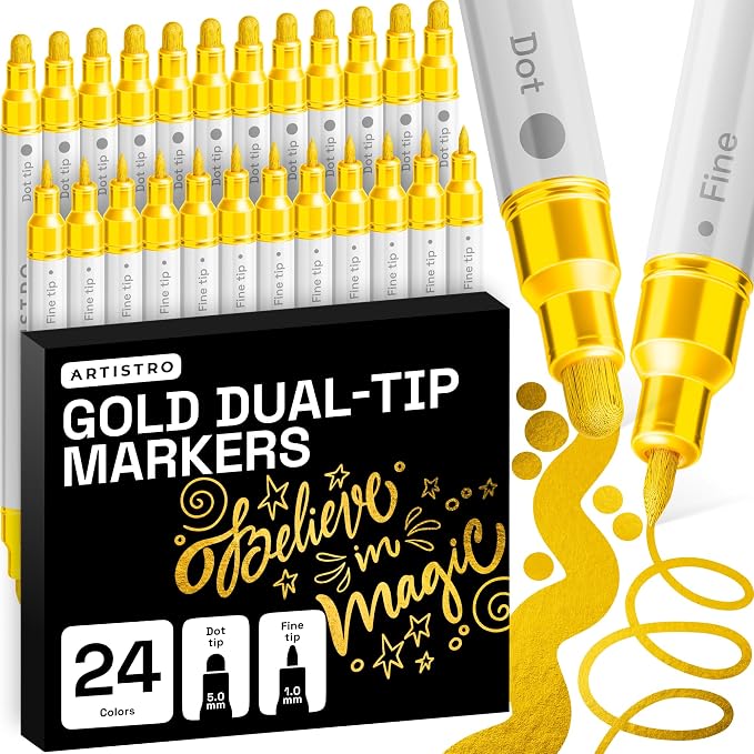 ARTISTRO Gold Dual-Tip Acrylic Paint Marker Pens - Set of 24 | For Fabric, Rock, Glass, Wood, & Coloring Books, Arts & Crafts Gift, Classroom Must Haves & School Supplies (Dot & Fine Tips)