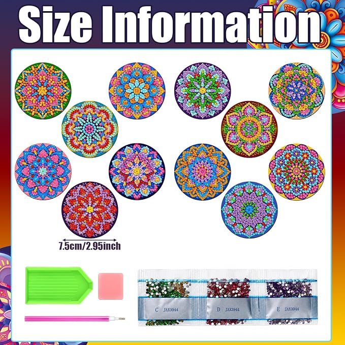 Zonon 12 Pcs Diamond Art Magnets Kits, Neon Mandala Fridge Magnets Boho | Diamond Painting Stickers for Adults DIY Home Decor, Psychedelic Boho Style, Vibrant Mandala, Refrigerator Decorations Kit