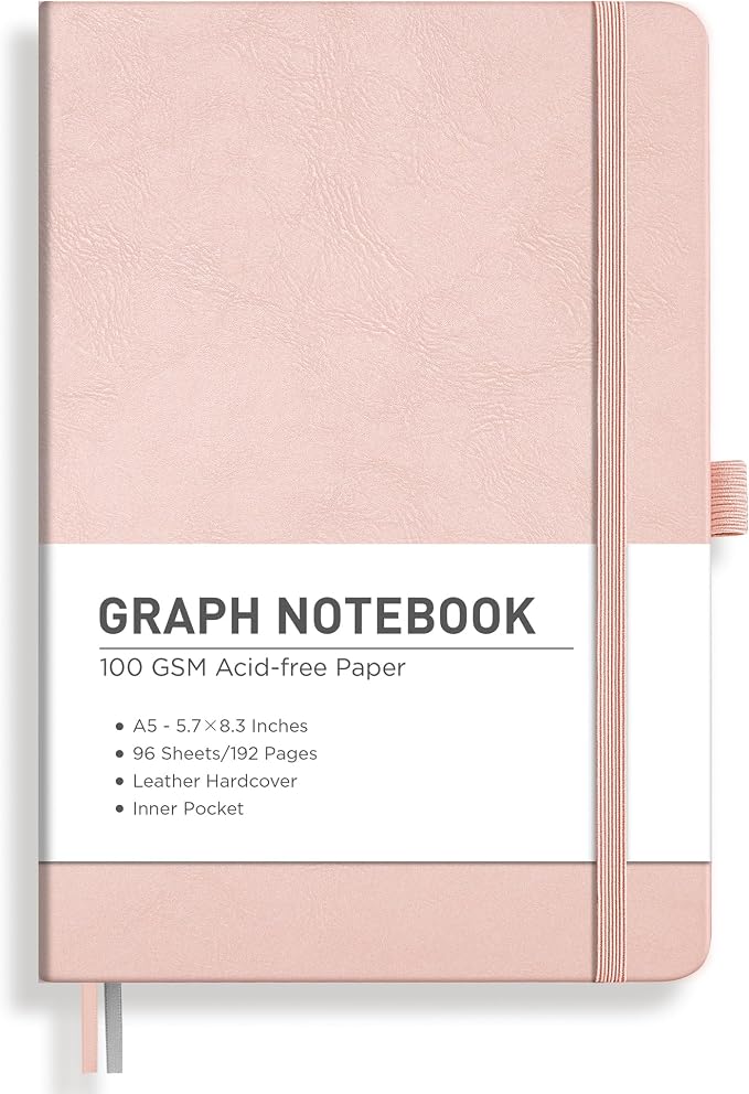 RETTACY Graph Grid Paper Notebook, 192 Pages, A5 Size (5.7'' x 8.3'') | 5 Squares per Inch, Leather Hardcover, 100 GSM Thick Paper, for School, Students, Math, Engineering (Rose gold)