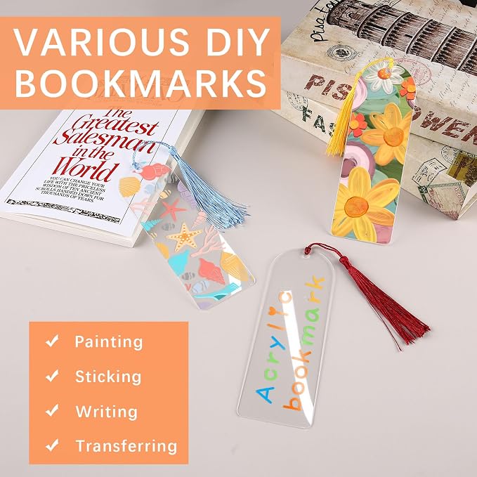 30 Pcs Clear Acrylic Bookmarks Blanks 6" x 2", Plastic Book Page Markers Transparent Semicircle Acrylic Bookmark Blank Bulk with 30 Pcs Book Mark Tassels for DIY Crafting Projects and Gift Tags