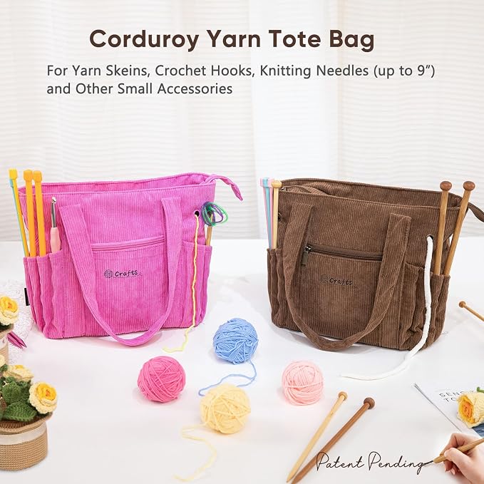 MYBAGZING Crochet Bag and Tote - Corduroy Yarn Bag - Yarn Holder for Crocheting - Crochet Storage Bag for Crochet Hooks, Crochet Accessories, Knitting Bag for Crochet Lovers, Mom Gift