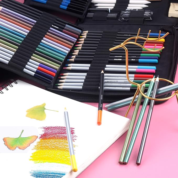 KALOUR 82 Pack Drawing Sketching Kit, Pro Art Supplies with Sketchbook, Include Tutorial,Colored, Graphite, Charcoal, Watercolor,Metallic & Pastel Pencils, Drawing Set for Adults Teens Beginner