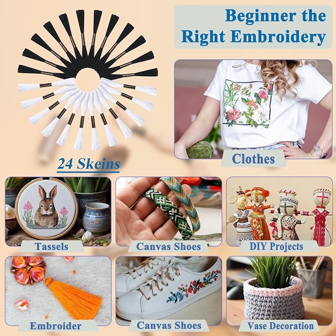 Amrules Friendship Bracelet String, 24 Pcs Embroidery Floss, Black & White | Including 344.5" Cotton Cross Stitch Thread, Hand Embroidery Thread for DIY Sewing and Embroidery Crafts Making with Tools