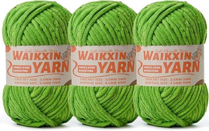 （3 Lime Green） 3 Pack Super Soft Fuzzy Chenille Chunky Yarn for Crocheting, 300g (261yds) Velvet Fluffy Amigurumi Yarn for Hand Knitting Baby Blankets Weaving Craft