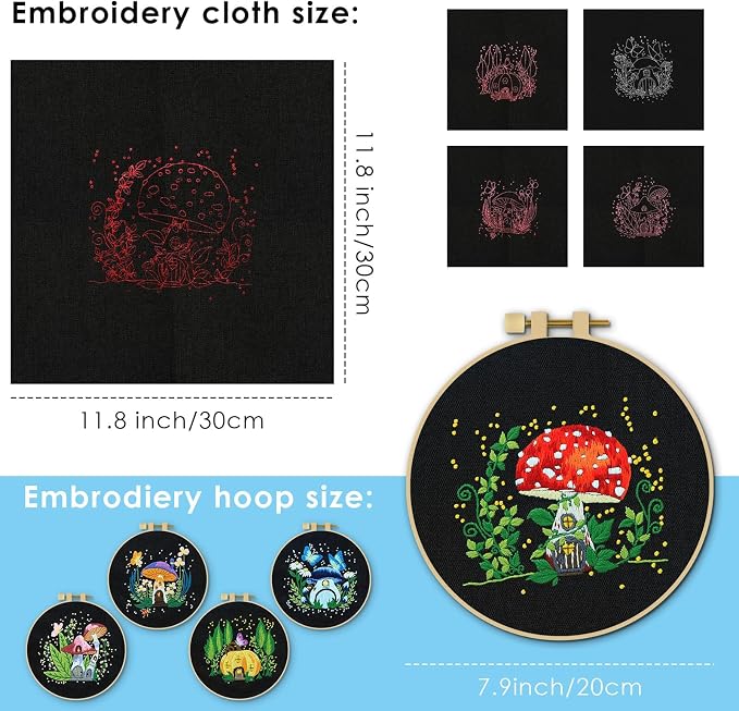 ERKOON 5 Sets Embroidery Kit for Beginners Adult Mushroom Cross Stitch | Embroidery Set Include Embroidery Cloth Hoops Threads for Craft Lover Hand Stitch with Embroidery Skill Techniques
