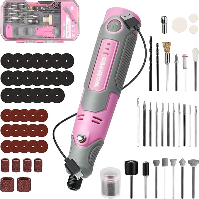 WORKPRO Cordless Rotary Tool Kit, 71PCS Accessories Rechargeable, Pink | Lightweight Handling, Comfortable Rubber Grip, Engraving, Sanding, Polishing, Carving, Cutting, DIY Crafts