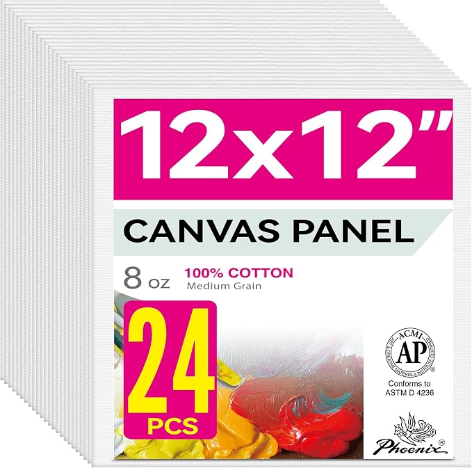 PHOENIX Painting Canvas Panels 12x12 Inch, 24 Bulk Pack - 8 Oz Triple Primed 100% Cotton Acid Free Square Canvases for Painting, White Blank Flat Canvas Boards for Acrylic, Oil Paints