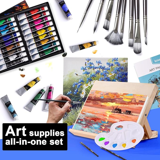 koseibal Acrylic Paint Set with Tabletop Easel and Canvas for Kids, Adults