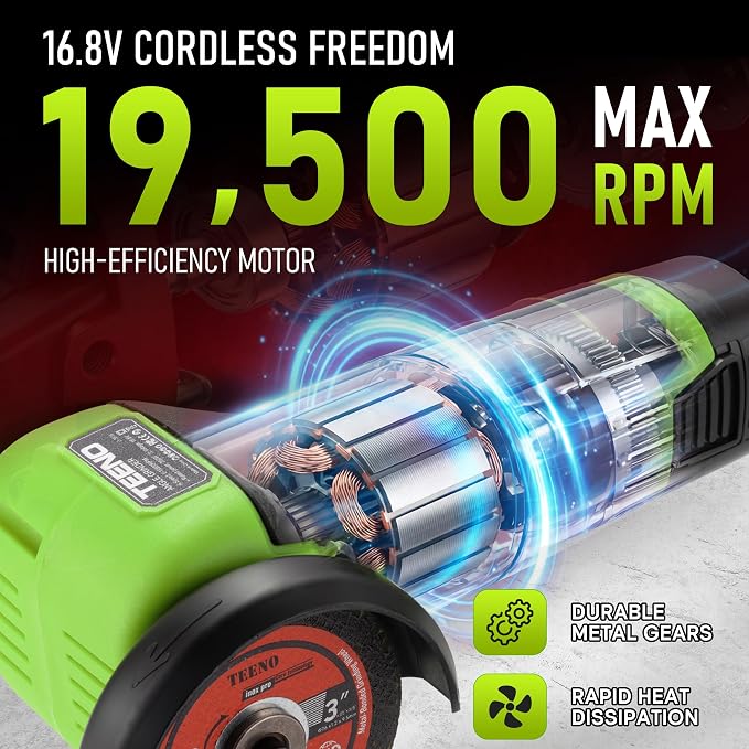 TEENO Cordless Angle Grinder 3 Inch, 19,500 RPM Mini Electric Angle Grinding Tool with 2 pcs 2000mAh Batteries and 6 Cutting Discs, 16.8V Handheld Grinder for Metal/Wood Cutting and Grinding