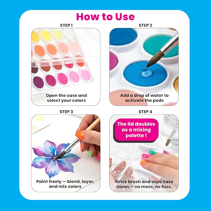 Ooly Chroma Blends Pearlescent Watercolor Set, 12 Colors | Ages 6+, 12 Vibrant Pearlescent Colors in a Portable Case, Brush Included, Watercolor Art Supplies for Kids and Adults