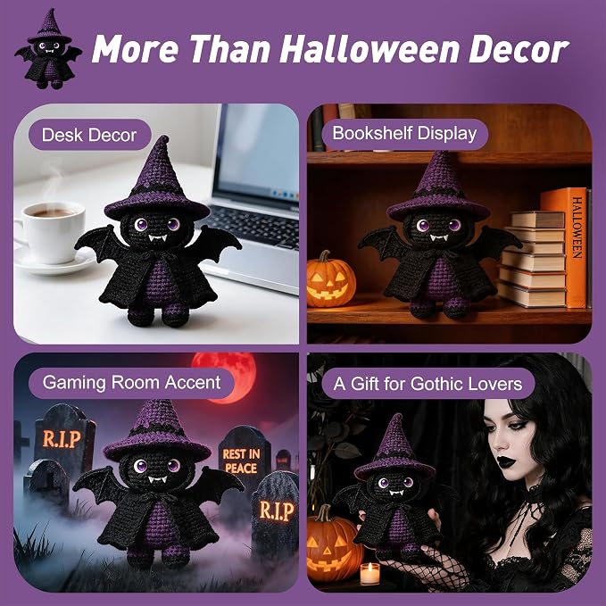 Morcolplus Bat Crochet Kit for Adults, Intermediate Gothic Amigurumi Crochet Kit with Step-by-Step Video Tutorials and All Materials Included, Gothic Room Decor Gift