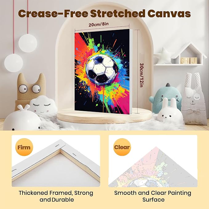 Soccer Paint by Numbers Kit for Kids with Framed Canvas - with Wooden Easel | Ball Sports Paint by Numbers for Kids Ages 8-12, Easy Acrylic Oil Painting Kits with Nice Gift Box for Wall Decor (12x8 inch)