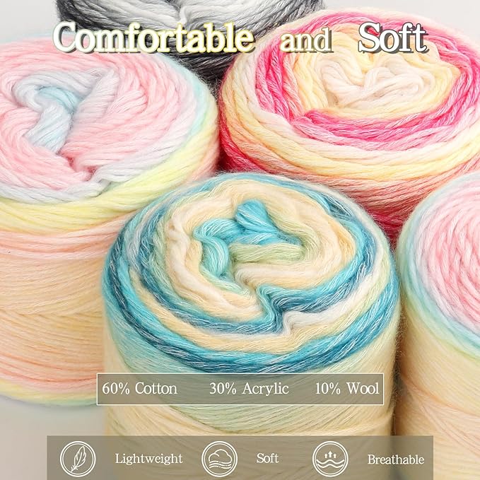 Katech 4 Pack Ombre Yarn for Crocheting-Fairyland Gradient Cake Yarn | 100g/3.52 oz-DK Light Weight #3-60% Cotton 30% Acrylic 10% Wool-Perfect for Scarves, Shawls, Blankets and Garments(O)