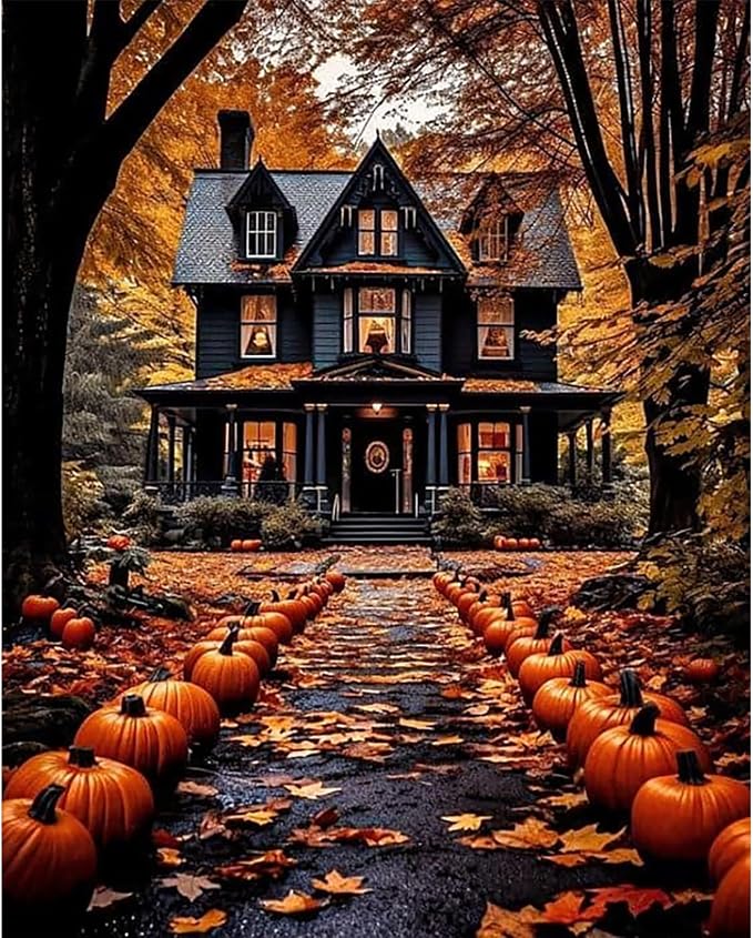 Landscape Paint by Number for Adults, Halloween Paint by Numbers for Adults | House Painting by Numbers for Gift Home Wall Decor (Halloween, 16x20 inch)