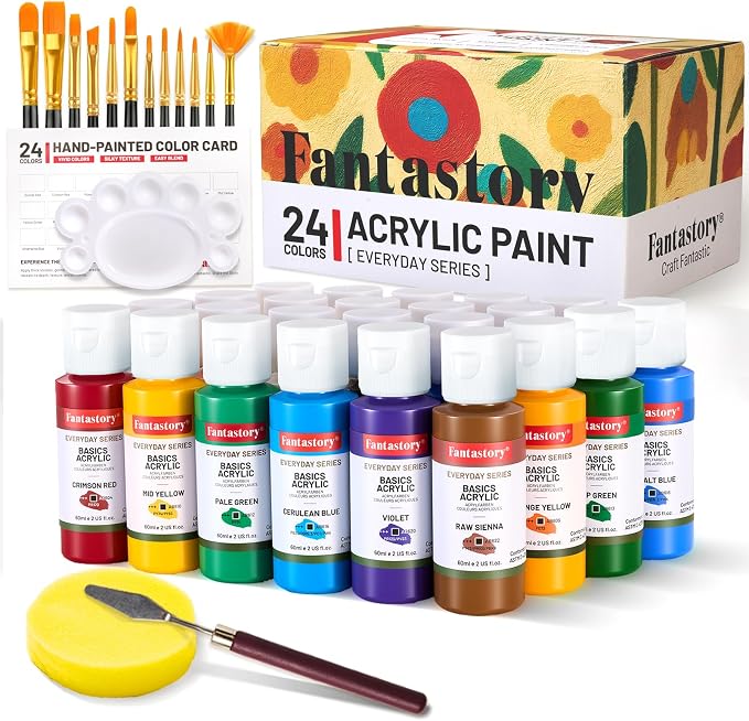 Fantastory 60ml 24 Colors Acrylic Paint Set with 12 Brushes | Waterproof, Great for Artwork & DIY Projects on Canvas, Wood, Glass, Clay, Fabric, Ceramic, Paper