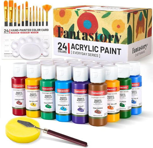 Fantastory 60ml 24 Colors Acrylic Paint Set with 12 Brushes | Waterproof, Great for Artwork & DIY Projects on Canvas, Wood, Glass, Clay, Fabric, Ceramic, Paper