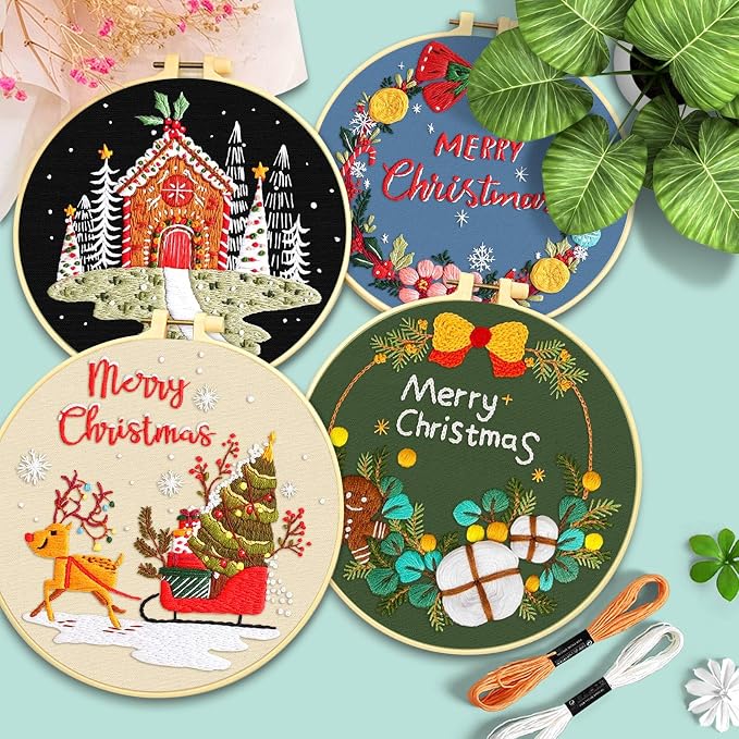 ERKOON 4 Sets Embroidery Kit for Beginners, Christmas Cross Stitch Set with Easy Pattern Embroidery Cloth Hoops Threads for Craft Lover Hand Stitch