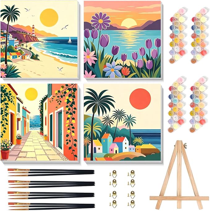 4 Pack Scenery Paint by Numbers for Adults with Frame Canvas - Wooden Easel | Landscape Paint by Number for Beginners, Easy Acrylic Oil Painting Kits with Brushes for Home Wall Decor (8x8 inch)