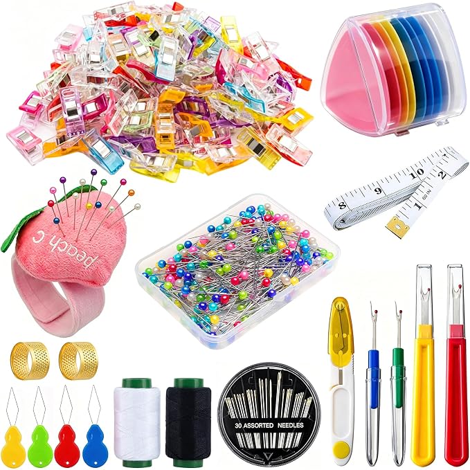 Sewing Clips Kit,Sewing Pins Set,356Pcs Sewing Supplies,Straight Pins,Fabric Clips,Tailors Chalk,Wrist Pin Cushions,Needles,Seam Rippers,Scissors,Tape Measure for Sewing Supplies and Crafting Tools