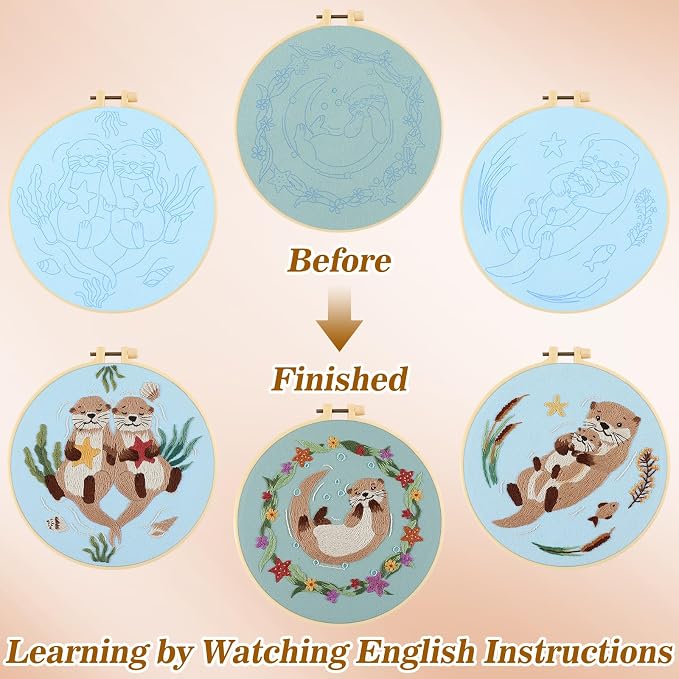 Mindsoft 3 Set Needlepoint Kit for Beginners with Hoop,Otter | Bamboo Hoop Thread Needles Instructions, Easy Hand Embroidery for Beginners Home Crafts,Pre-stamped Funny Cute Designs