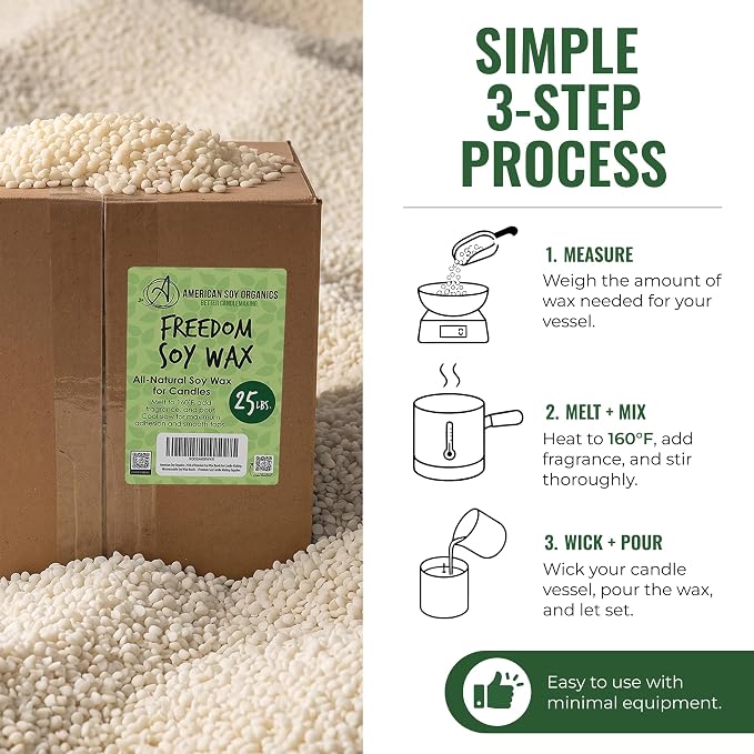 American Soy Organics Freedom Soy Wax Beads, All-Natural Candle Wax, 25 lbs | DIY Candle Making Supplies Ideal for Container Candles, Tealights & Wax Melts, Paraffin-Free, Beeswax-Free, Microwavable