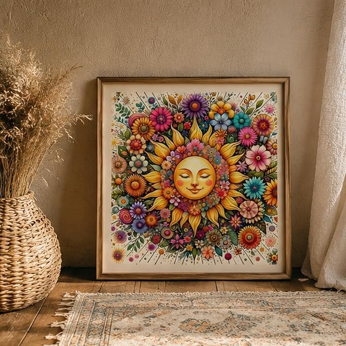 CHWGLFGG 5D Sun Face Diamond Art Kits for Adults Beginners 13.8x13.8 Inch | Vintage Floral Mandala Diamond Painting Kit, DIY Full Round Drill Paint by Diamonds Dot Gem Art for Adult, Home Wall Decor