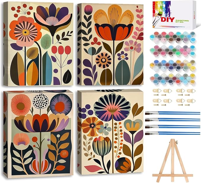 LWZAYS 4 Pack Floral Paint by Numbers Kit for Adults with Frame, Easy Flowers Paint by Number for Adults Beginner with Wooden Easel, DIY Painting by Numbers Canvas Framed for Home Decor 8 x 12 Inch