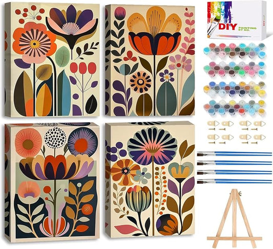 LWZAYS 4 Pack Floral Paint by Numbers Kit for Adults with Frame, Easy Flowers Paint by Number for Adults Beginner with Wooden Easel, DIY Painting by Numbers Canvas Framed for Home Decor 8 x 12 Inch
