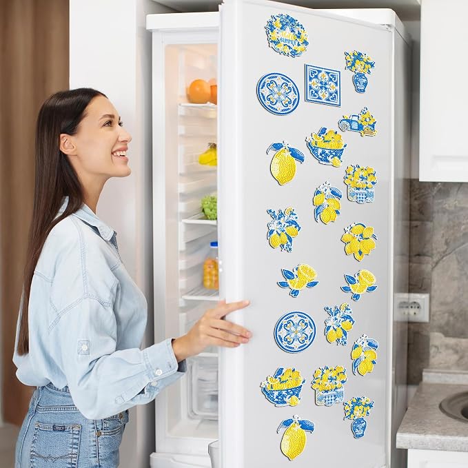 Zonon 12 Pcs Diamond Art Magnets Kit Lemon Mediterranean DIY Blue Yellow | Italian Capri Tiles Lemons Iris, Summer Fridge Decor, Diamond Painting Kit for Kitchen Amalfi Mediterranean Theme