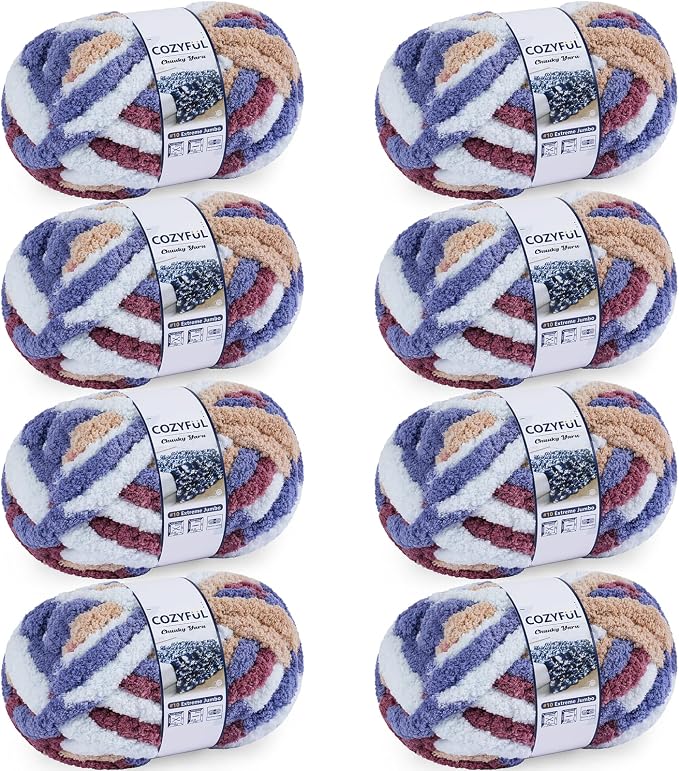 Cozyful Chunky Yarn for Hand Knitting - #10 Chunky Chenille Blanket Yarn, Jumbo Big Thick Chunky Yarns for Crocheting, Tie Dye Bulky Knit Yarns, 8 Skein (20 yds 8 oz Each Skein), Multi Blue&Red&Khaki